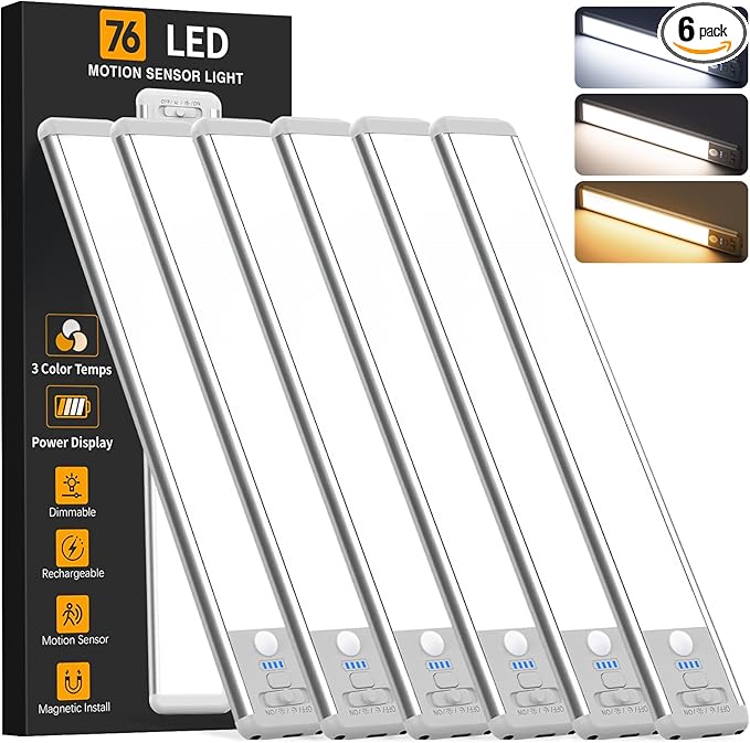 Under Cabinet Lighting Wireless, Rechargeable 10inch Motion Sensor Light Indoor, 3 Color Closet Light Battery Operated with LED Power Display, Magnetic Under Counter Lights for Kitchen, Home (6Pack)