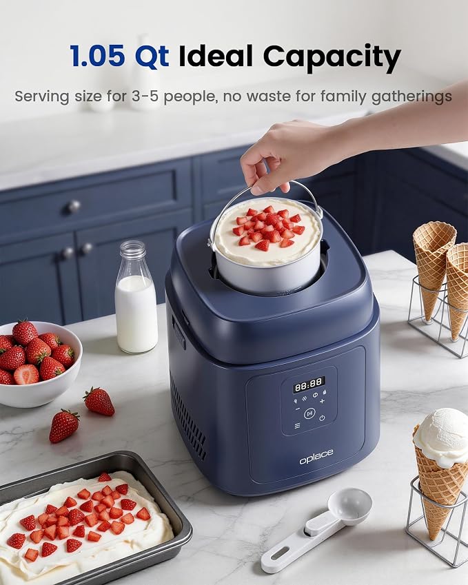 4-in-1 Compressor Ice Cream Maker (1.0Qt), No Pre-Freezing, Automatic Yogurt Maker, Gelato Sorbet Frozen Yogurt Soft Serve Machine, Compact Vertical Design for Home Kitchen(Blue)