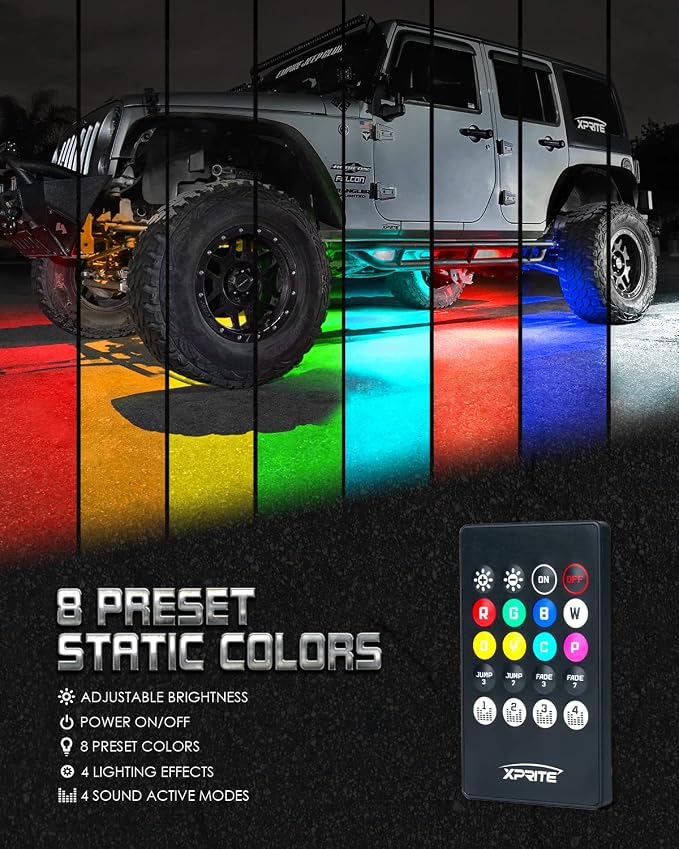 Xprite Car Underglow Neon Accent Strip Lights, 4Pcs RGB 252 LEDs Underglow Kit with Sound Active Function Music Mode & Wireless Remote, Exterior Car Lights Underbody Lighting for Car Van SUV Truck