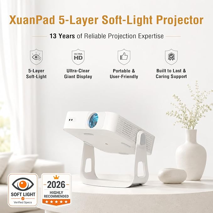 [Officially-Licensed App & Auto Focus]White Smart Mini Projector with WiFi and Bluetooth, XuanPad 4K Support Movie Projector, Portable Native 1080P Outdoor Projector with 360° Stand