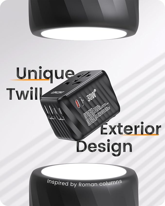 LENCENT Universal Travel Power Adapter, 30W International Wall Charger with 3 USB C 2 USB A Fast Charging, Worldwide Plug Adaptor Travel Essentials for US to EU UK Ireland Australia Type C/G/A/I Black