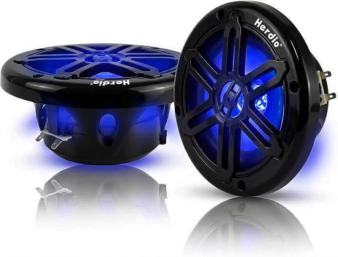 Herdio 8" 450W Marine Speakers - IP66 Waterproof Coaxial Audio, with Blue LED Light for Boats, ATVs, UTVs with UV Resistant Black Grille (A Pair)