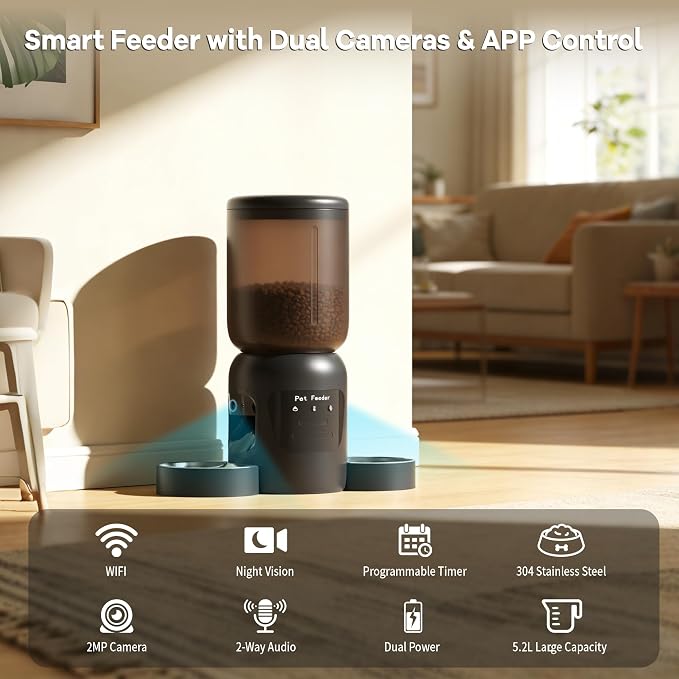 Automatic Cat Feeder with Camera, 5.2L Smart Cat Food Dispenser for Multi-Pet Homes, 170° Wide Angle Night Vision Auto Cat Feeder for Cats and Dogs, 5G WiFi App Remote Control for Busy Families, Black