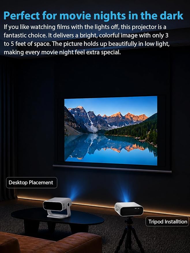 Wielio 2026 Smart Projector Android 14/TV with WiFi 6 and Bluetooth 5.0 Built in 1000+ Apps 210 ANSI Portable Bedroom Mini Movie Projector Auto Keystone & Zoom （Auto Focus/Preferred Dark Room)