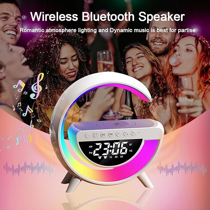 Smart Wireless Charging Table Lamp, Multifunctional Bluetooth Speaker & Alarm Clock - LED Bedside Desk Lamp Night Light for Heavy Sleepers, Superfine Bedroom Home Decoration (Black)