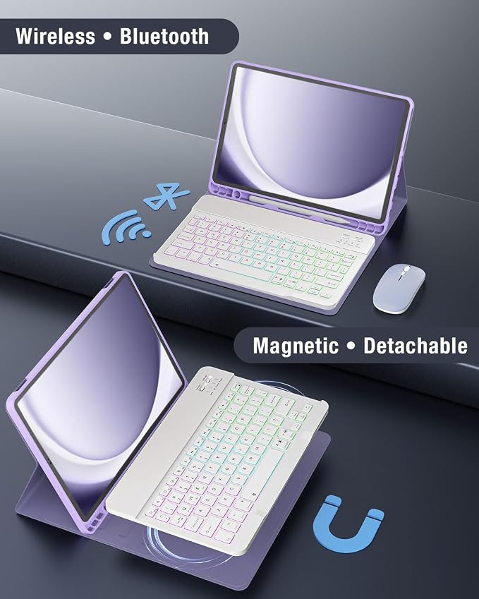 Keyboard Case for Samsung Galaxy Tab A11 Plus 11 Inch 2025/ A9+ Plus 2023 Tablet, Detachable Rainbow Backlit Wireless Keyboard and Mouse, Slim Stand Cover with S Pen Holder (Purple Marble)