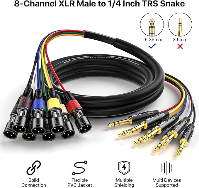 EBXYA 8 Channel 1/4 Inch TRS to XLR Snake Cables, 6.35mm Male Jack Stereo Audio Balanced Line to XLR Cables, 10 Feet 1 Pack