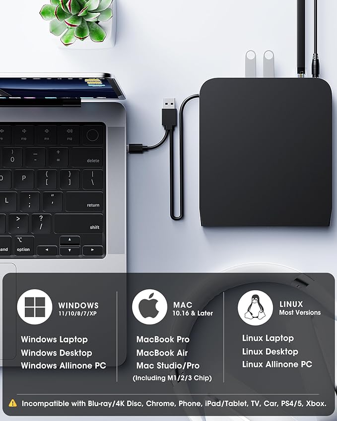 ROOFULL New USB 3.0 External CD DVD Drive with Ethernet Adapter, USB-A/C Ports, SD/TF Card Slot, Carrying Case, USB-C CD DVD Reader Burner Writer Player Optical Disc Drive for Windows & Mac Laptop PC