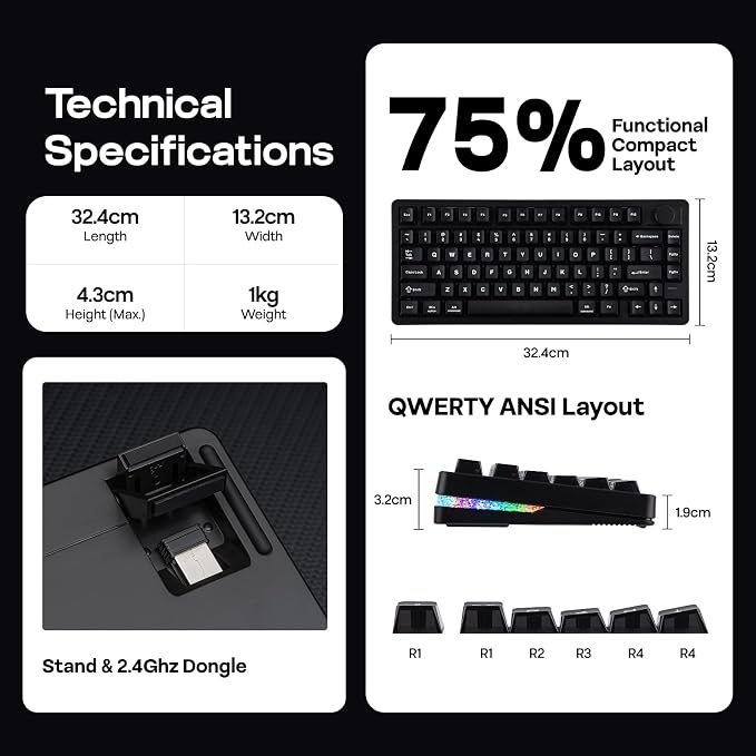 EPOMAKER HE75 V2 Hall Effect Gaming Keyboard, 8K Polling & 0.1ms, 8000mAh & 2.4Ghz/BT, Hot Swap Key & Knob, 0.005mm Adjustable Actuation, Rapid Triggering, Creamy & Thocky (Black)