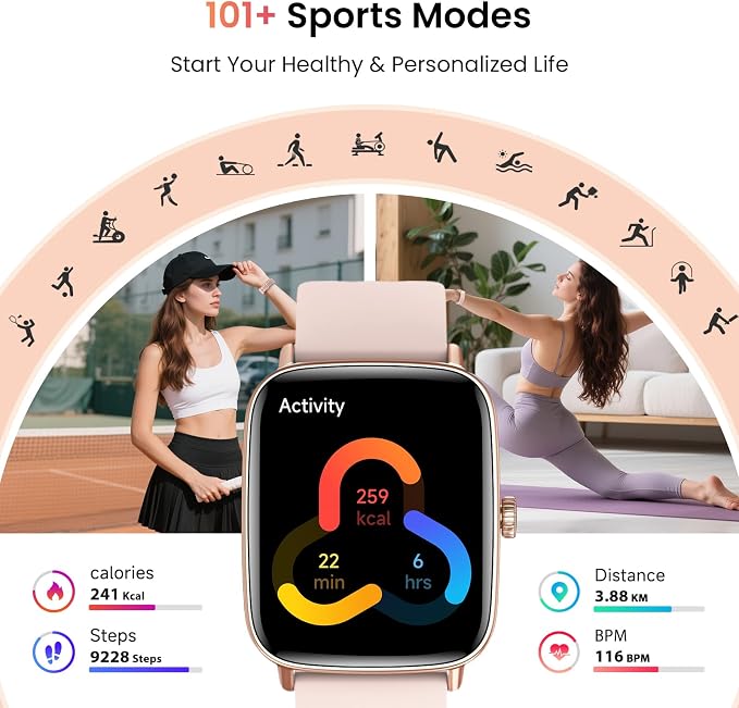 Gydom Smart Watch for Women and Men, 1.85" HD Fitness Trackers for iPhone/Android/Samsung (Answer/Make Calls), Heart Rate/Sleep/SpO2 Monitor, 101+ Sports Modes, IP68 Waterproof, 2 Bands, Pink