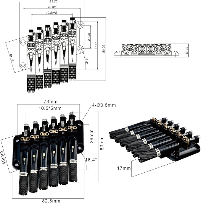 Fanned-fret 6 String Headless Guitar Bridge 10.5mm Headless Fixed Bridge -Brass Saddles Zinc Alloy Plate, Easy Installation/Adjustment, Fits Most 6-String Headless Electric Guitars Black