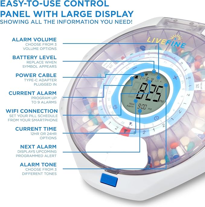 LiveFine WiFi Automatic Pill Dispenser and Remote Medication Monitoring System with Locking Key, 28-Day Medication Organizer Up To 9 Doses Per, Adjustable Light/Sound Alarms For Prescriptions & Vitami