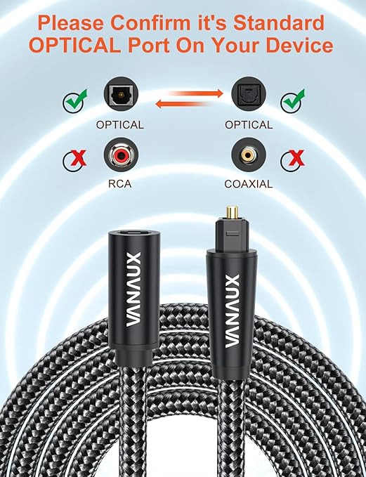 VANAUX Optical Extension Cable Digital Toslink Male to Female S/PDIF Cords Compatible with Home Theater, Sound Bar, TV, PS4, Xbox, PlayStation & More - Black (10ft/3m)