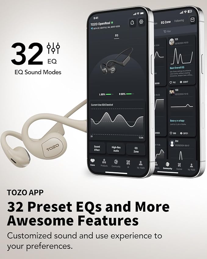 TOZO Upgraded Open Ear Headphones Bluetooth 5.3 Air Conduction Wireless Headphones Sport Earbuds with Premium Sound, 32 EQs via APP, Dual-Mic Call Noise Reduction Earphones with Hair Band for Cycling