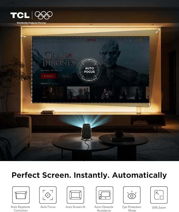 TCL C1 Smart Projector 4K Support, Compatible with Google TV, WiFi and Bluetooth, Auto Focus/Keystone, 1080P HDR10, Dolby Audio, 285° Rotation Mini LCD Projector for Bedroom/Home Theater/Outdoor,Black