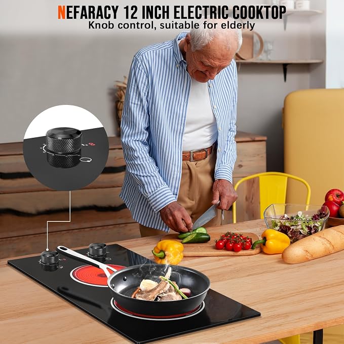 2 Burner Electric Cooktop 110V, 12 Inch Electric Cook Top Plug in, 2000W Electrics Stove with Knob Control, Countertop & Built-in Ceramic Stovetop, 9 Heating Level, Residual Heat Indicator