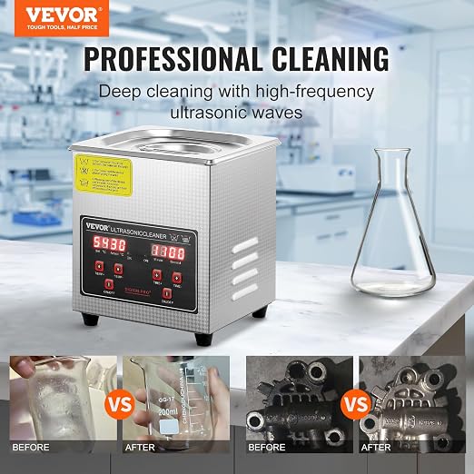 VEVOR Sonic Cleaner with Digital Timer & Heater, Professional Ultra Sonic Parts Cleaner, Stainless Steel Heated Cleaning Machine for Glasses Watch Rings Jewelry Circuit Board (2L)