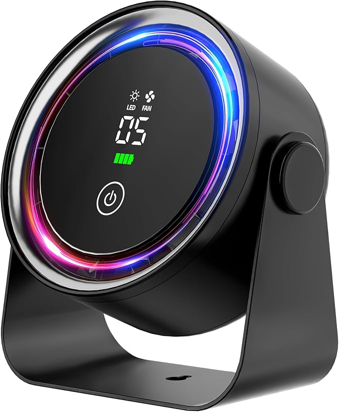 Small Desk Fan Battery Powered - Black Low Noise Quiet Portable Gentle Blowing without Headaches for Office Bedroom Sleep Living Room Table Top Wall Hanging Kitchen Travel Camping 5-Speed 360 Rotation
