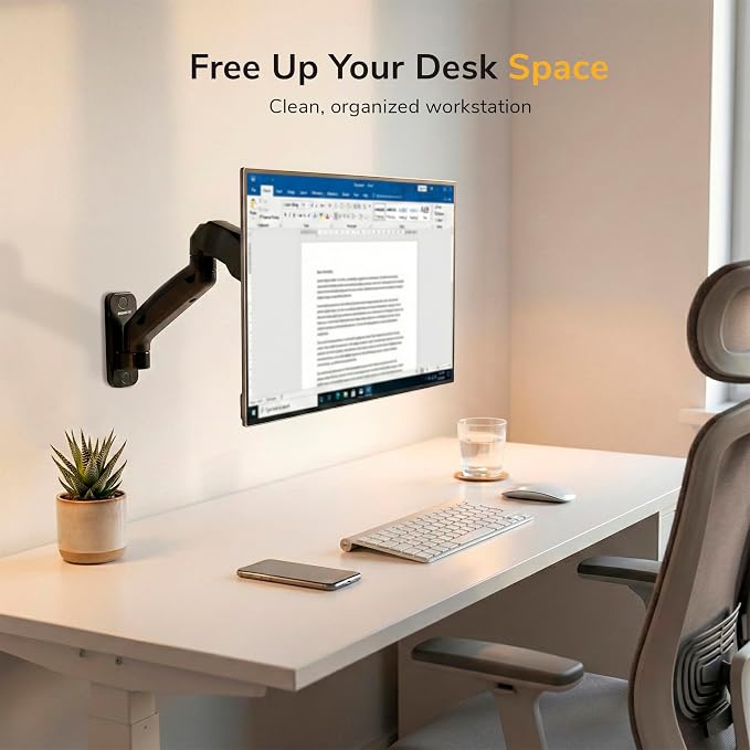 Mount-It! Monitor Wall Mount Arm, Full-Motion Gas Spring, Fits 13–32″ Screens up to 14.3 lbs, VESA 75x75 & 100x100, Tilt Swivel Rotate, Single-Stud Wall Mounted Computer Monitor Arm, RV Compatible