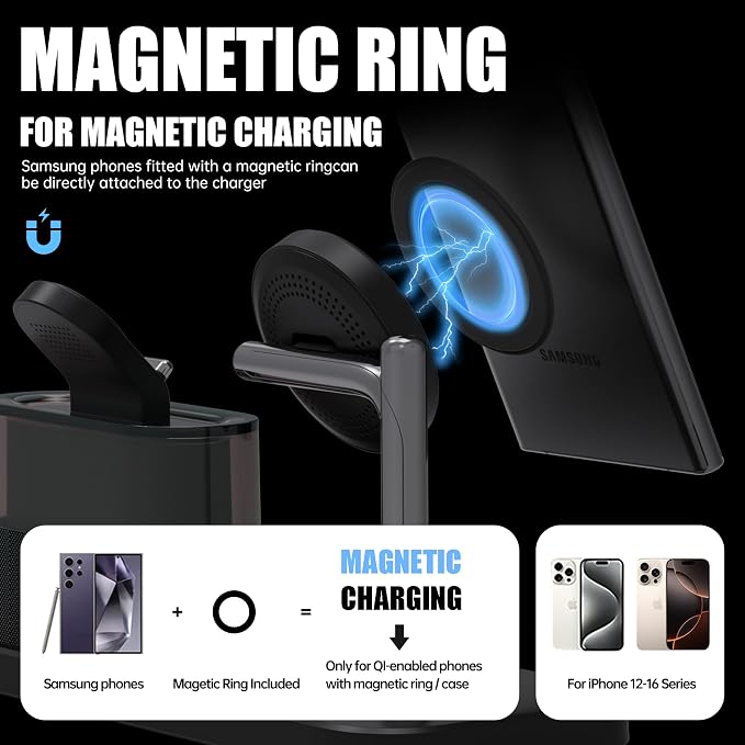 Magnetic Charger for Samsung, 5 in 1 Wireless Charging Station with Alarm Clock for Samsung Galaxy S25 Ultra/S24/S23/S22, Galaxy Watch 8/7/6/4/5, Galaxy Buds/Pro, Black