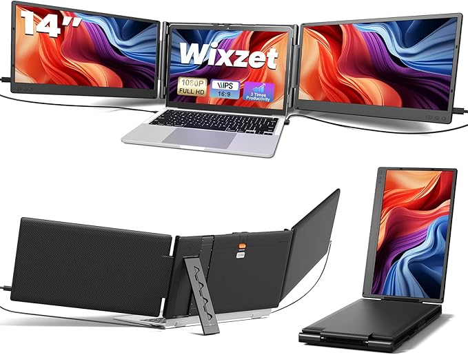 Laptop Screen Extender, 14" FHD 1080P Portable Laptop Monitor, Plug and Play Triple Screen Extender, Auto-Adjust Width Dual Monitor for 13–17" Laptops, Compatible with macOS, Wins, Chrome, Dex