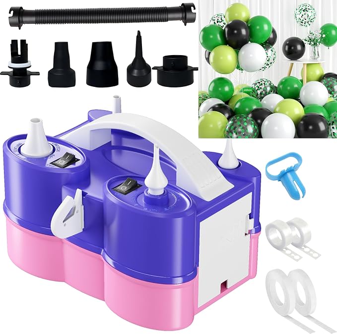 3-in-1 Electric Balloon Pump with Green Black and White Balloons, 3-in-1 Electric Balloon Pump, Portable Electric Air Pump for All Balloons Inflatables Dual Nozzle Balloon Blower Machine
