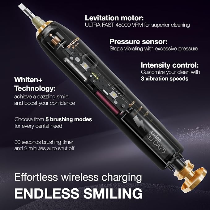 Wagner Stern WHITEN+ Electric Toothbrush, 48,000 VPM, Pressure Sensor, 5 Modes, 8 Brush Heads, Travel Case