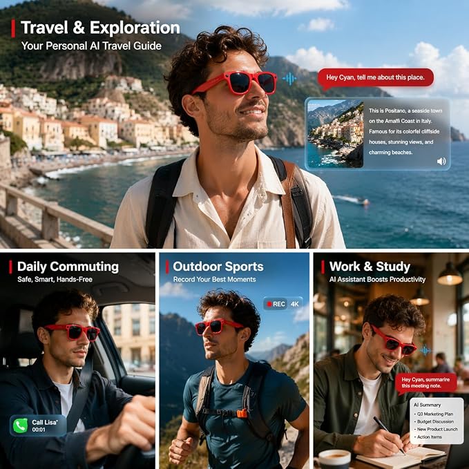Smart Glasses with Open-Ear Audio & ENC Noise Reduction, 2026 AI Glasses with 8MP Camera, 139 Languages Real-Time Translator, ChatGPT Voice Assistant, UV & Blue Light Blocking for Men Women Daily