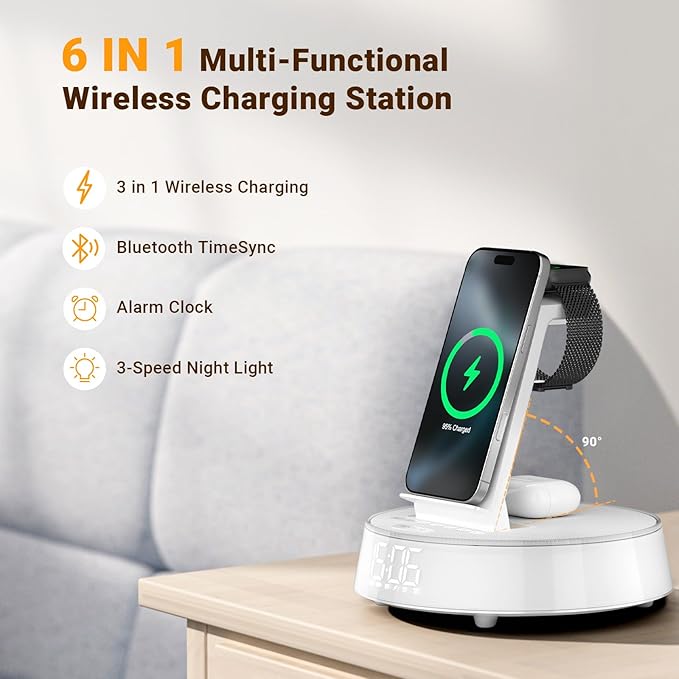 Alarm Clock with Wireless Charging Station, Clock for Bedroom with Night Light Bluetooth Speaker, Wireless Charger Dock Station for iPhone 17 16 15 14 13 12 Pro Max, Apple Watch 11, AirPods 3 (White)