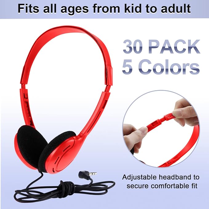 Yunsailing 30 Pack Bulk Over Ear Headphones Set On Ear Headsets Earphones with Adjustable Headband and 3.5mm Plug for Group Learning, Computer Lab, Library, Online Lesson (Retro Color)