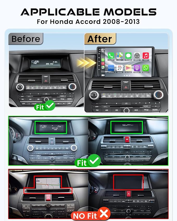 [8-core+64GB] Car Radio for Honda Accord 2008 2009 2010 2011 2012, 10.2' QLEDTouch Screen Support Wireless CarPlay & Android Auto, Bluetooth 5.2, GPS & WiFi, Backup Camera Car Stereo, Android 15