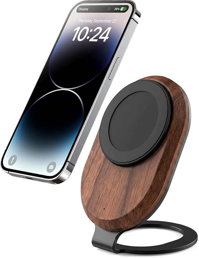 Solid Wood Wireless Charger Stand, 15W Magnetic Wireless Charging Dock (No Adapter Included), Compatible with MagSafe for iPhone 12-17 Series, Fast Charging for Home & Office, Gift for Men