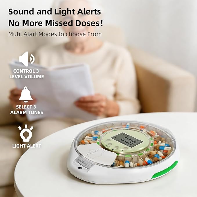 JULOS Automatic Pill Dispenser with 9 Alarms & Front Safety Lock for Elderly & Dementia Care – Sound/Light Reminders, Up to 9 Daily Doses, 28 Compartments Medication Organizer, Clear Lid
