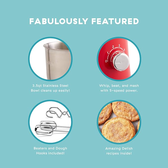 Delish by Dash Stand Mixer - Compact Mixer for Everyday Baking - 5-Speed Power with Removable Mixing Bowl - Dough Hooks Included - Red, 3.5-Quart