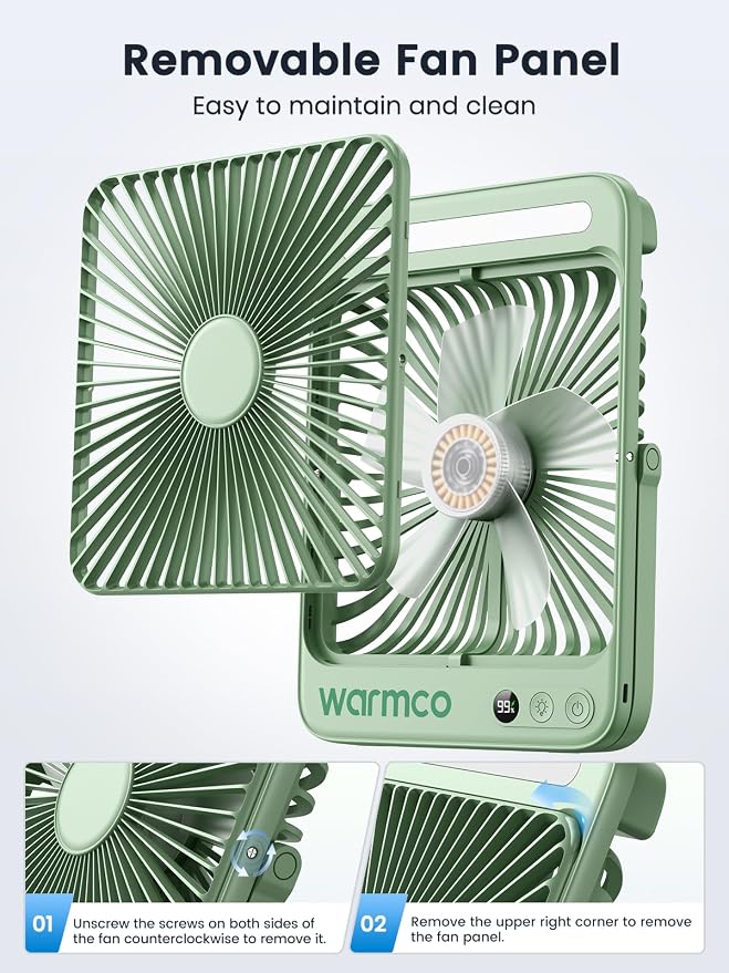Warmco D4 Battery Powered Camping Fan 20000mAh, LED Lantern | Up To 48H Runtime, Ultra-Slim Quiet 8-Inch Fan, Digital Display & Hook For Tent, Bedroom, Outdoor & Travel