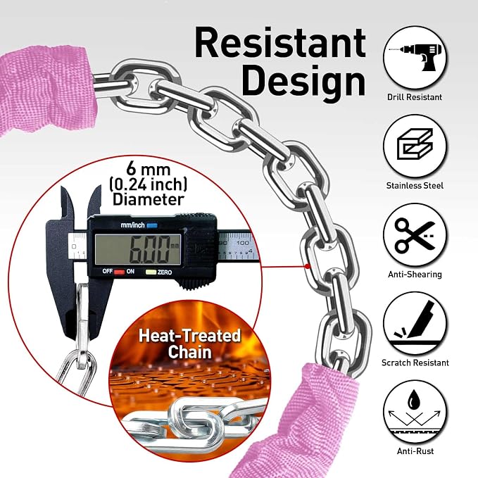 Bike Chain Lock Security 5 Digit Resettable Combination, 51.2 inches Heavy Duty Anti Theft Lock Chain for Bicycle, Motocycle, Scooter, Gate, Fence (Pink, 4.2ft)