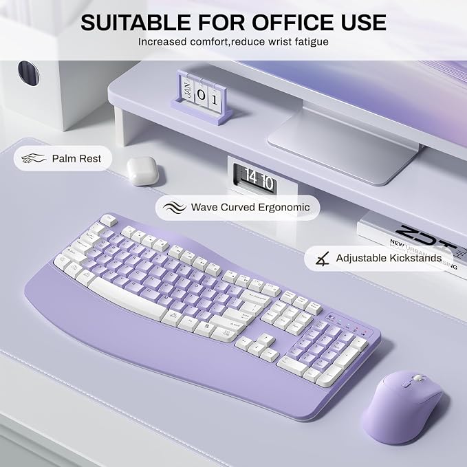 Wireless Keyboard and Mouse Combo,2.4G Full Size Wave Keys Ergonomic Keyboard with Wrist Rest for Natural Typing, 3 DPI Adjustable Ergonomic Mouse for Computer/Laptop/Windows/Mac (Purple & White-A)