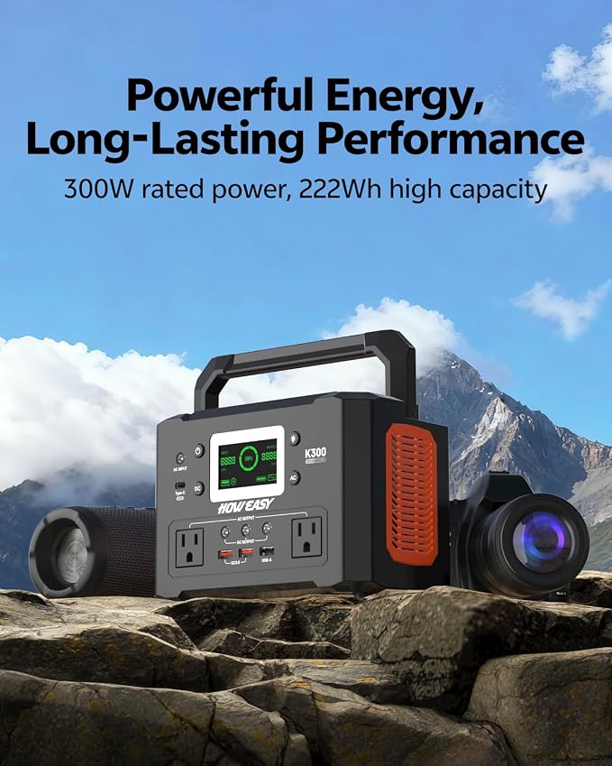HOWEASY Portable Power Station 300W,222Wh Solar Generator with Foldable 60W Solar Panel,Fast Charging Power Bank with AC Outlet 110V for Outages, Camping, RV, Emergencies