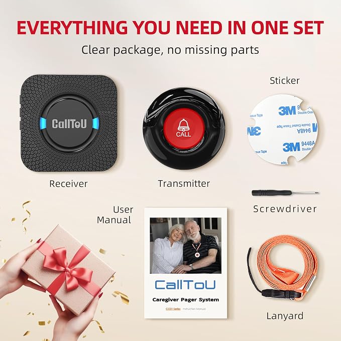 CallToU Caregiver Pager Wireless Call Button for Elderly at Home, 500+ ft Open Area Long Range Through Walls, 2 Plug-in Receivers and 4 Waterproof SOS Buttons, Multi-Room Care