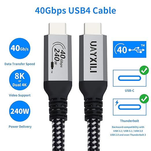 USB 4 Cable for Thunderbolt 4 Cable with 240W Fast Charging,40Gbps Data Transfer and 8K@60Hz Video,USB4/USB-C Data Cable Compatible with Thunderbolt 4/3, iPhone15,MacBook (Grey, 6.6FT/2M)