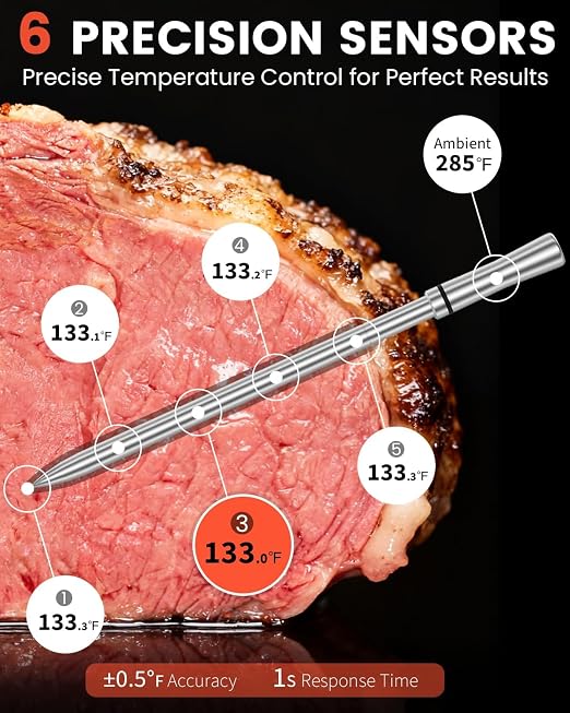 Wireless Bluetooth Smart Meat Thermometer - WiFi Unlimited Range, 1 Ultra-Thin Probe, 6 Sensors with NIST Certified Accuracy, for BBQ, Grill, Oven, Smoker, Rotisserie - iOS & Android App