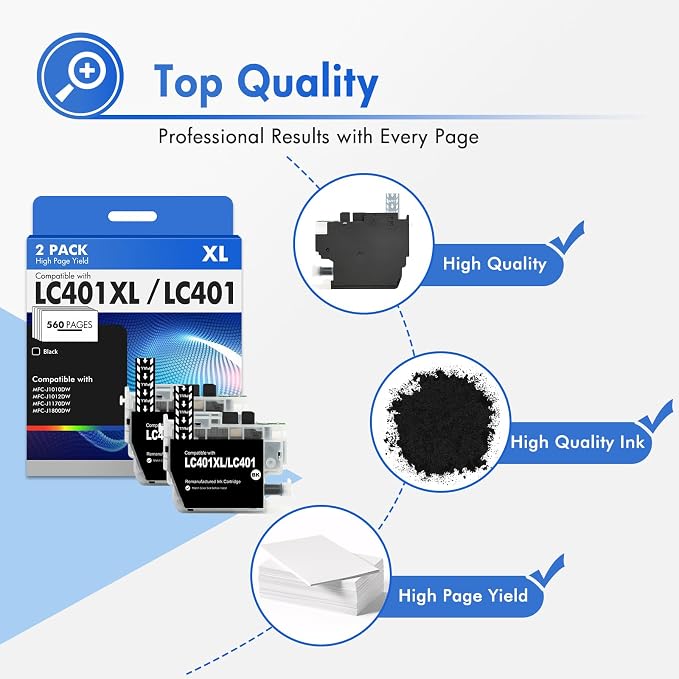 LC401XL LC401 MFC-J1010DW Black Ink Cartridges Compatible for Brother LC 401XL Ink Cartridges for Brother MFC-J1010DW MFC-J1170DW MFC-J1012DW MFC-J1800DW MFC-J1010DW Printer (High Yield, 2 Black Pack)