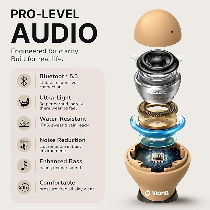 Air Skin Tones Invisible Earbuds for Small Ears - Wireless Bluetooth 5.4, Skin-Matching Mini Stemless Ear Buds, IPX5 Waterproof, ENC Noise Cancelling (Light Bisque)