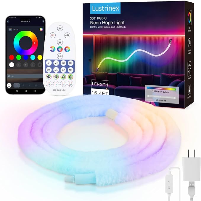 LED Neon Rope Lights, 16.4ft RGBIC 360° Luminous 5v USB Bluetooth APP Control Music Sync IR Remote Color Changing Smart LED Strip Lights for Bedroom Gaming Party Decor