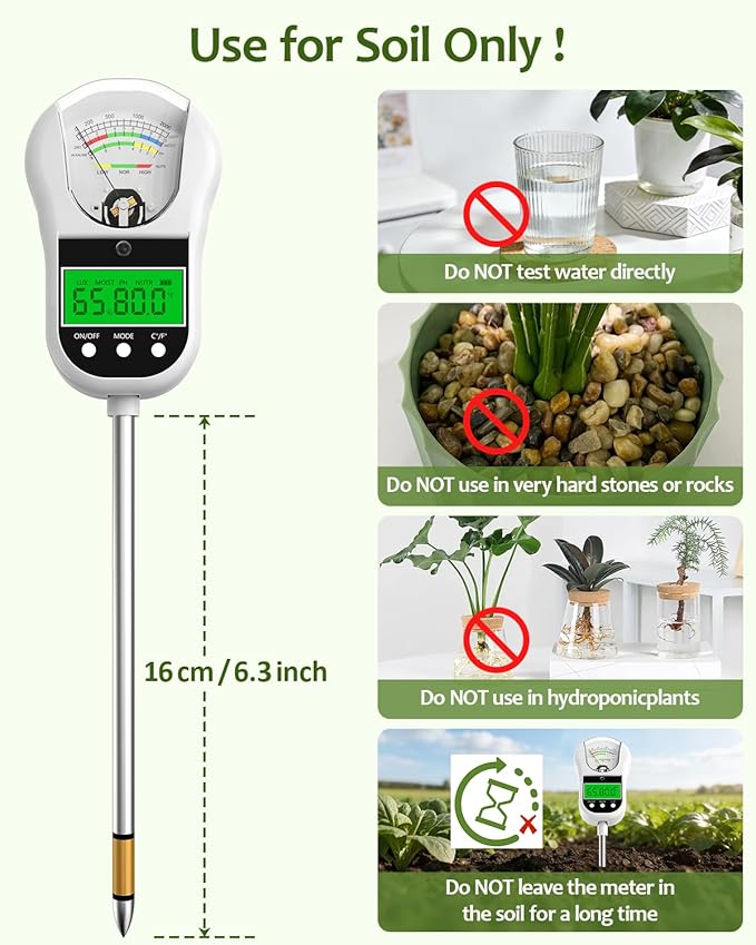 7-in-1 Soil Test Kit, Soil Moisture Meter/pH Meter/Light Intensity/Fertility/Air & Soil Hygrometer Temperature with Large Dual Display for Garden,Lawn, Farm, Indoor Outdoor Plants-Warm White