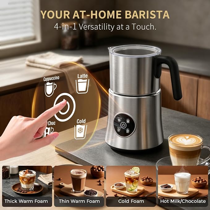 Milk Frother and Steamer, Automatic Hot and Cold Foam Maker with Detachable Stainless Steel Jug, 4-in-1 Electric Frother for Latte, Cappuccinos, Macchiato, and Hot Chocolate
