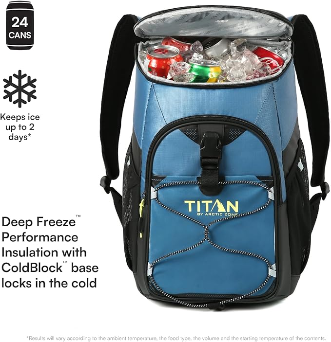 Titan by Arctic Zone Backpack Cooler, Insulated Soft Sided Bag with Leak Proof Lining and Padded Straps, for Lunch, Picnic, and Travel, 24 Can Capacity