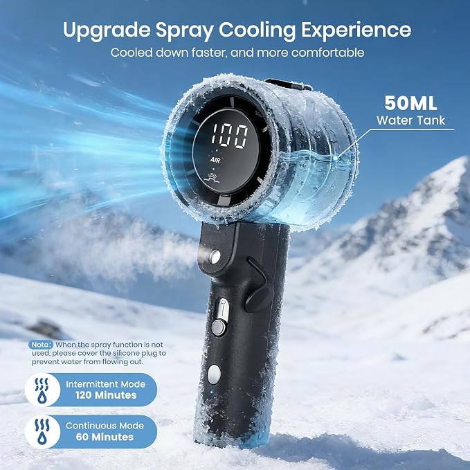 Handheld Misting Fan, 14000 RPM 4000mAh Rechargeable 50ml Tank, 2 Mist Modes Digital Display, Ultra Quiet 38dB USB C Portable Spray Fan for Outdoor Hiking Travel Office Beach Camping