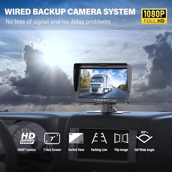 Upgrade Backup Camera Monitor Kit 7" HD 1080P Monitor IP69 Waterproof Rearview Reversing Rear View Camera for Truck Trailer RV Pickup (TZ101)