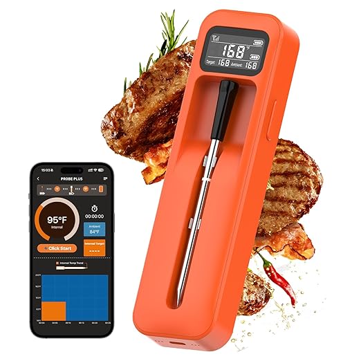 Smart Bluetooth Wireless Meat Thermometer with Ceramic Probe,±1°F Accuracy,IPX8,Real-Time Readings from App or Standalone Display Base for BBQ,Grill,Smoker,Steak,Turkey,Chicken,Pork,Lamb